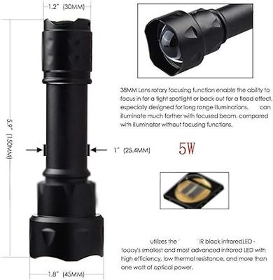 Tipo de fuente de luz IR de 940 nm con 850 nm de luz LED, distancia de trayectoria de luz de 100 yardas. Se requieren baterías de aluminio y litio de polímero